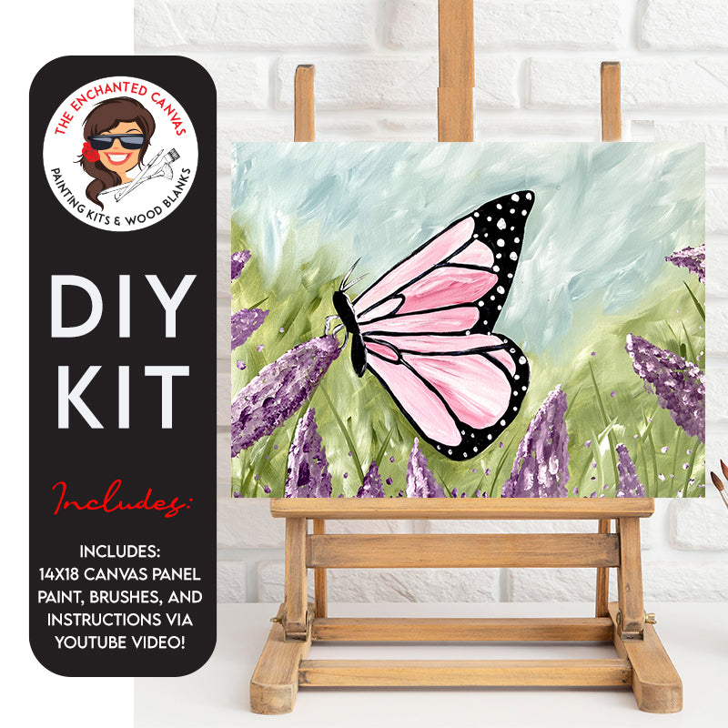 Experience the vibrant beauty of nature with our Butterfly on a Flower DIY Painting Kit. Immerse yourself in the serene scene of purple lilac flowers, lush green grass, and a clear blue sky, creating a perfect backdrop for a stunning pink and black butterfly gracefully perched on a delicate flower.
