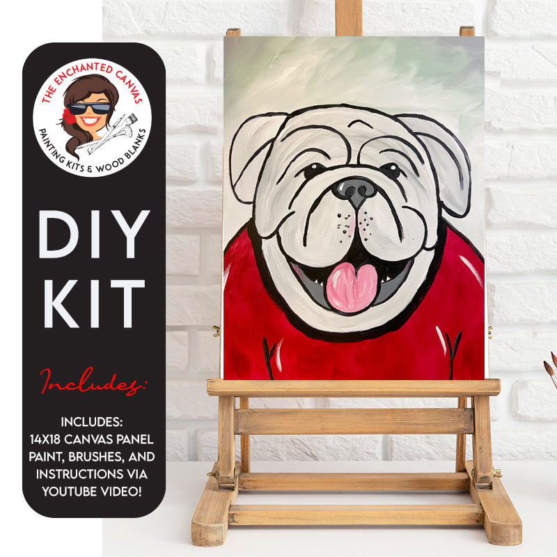 Unleash your artistic spirit with the DIY Cute Lil Bulldog Painting Kit! Meet your new furry friend – a delightful grey-toned bulldog sporting a contagious smile and a stylish red shirt, all set against a neutral backdrop.
