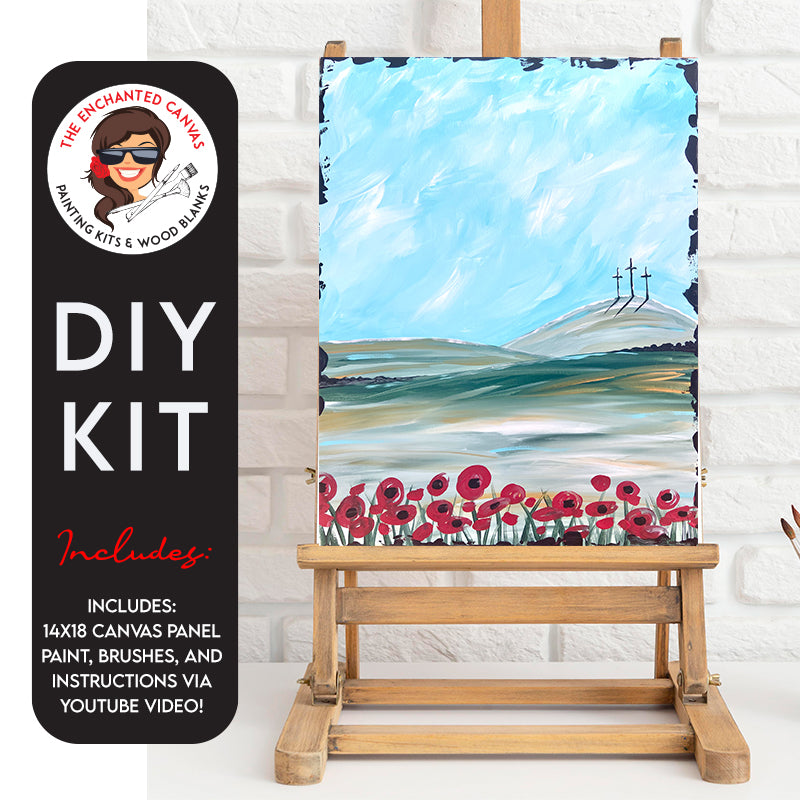 The DIY 3 Crosses Painting Kit invites you to create a serene and meaningful masterpiece right at home. Picture a scenic blue sky as the backdrop, gracefully hovering above three crosses on a peaceful hill. The foreground comes alive with vibrant red poppy flowers, adding a touch of beauty and symbolism to the entire composition.