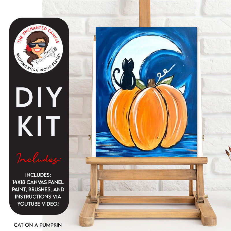 Cat on a Pumpkin Diy Painting kit with video instructions. Featuring a black cat sitting atop an orange pumpkin looking into the crescent moon night sky.