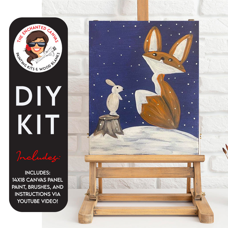 Capture the enchantment of a winter's night with our Winter Fox and Bunny DIY Painting Kit! This heartwarming scene unfolds against a dark blue sky adorned with dots representing falling snow. Picture a red fox seated on the snowy ground, engaged in a delightful conversation with a white bunny perched on a tree stump.