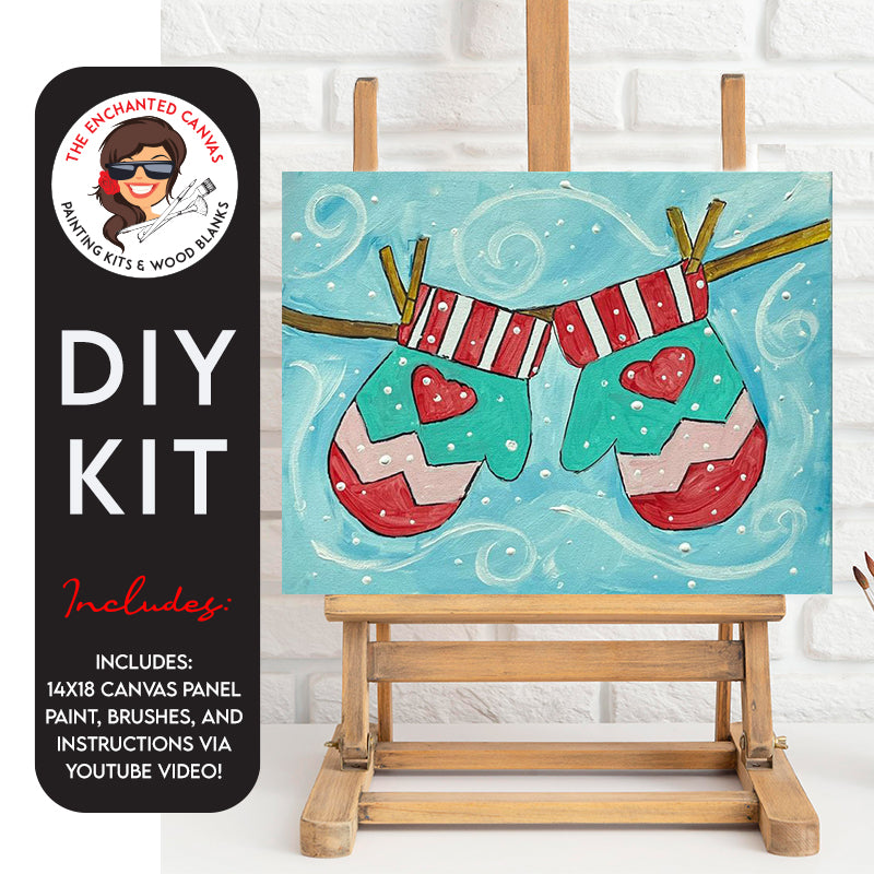 Experience the enchantment of a Snow Day with our delightful DIY Painting Kit! Set against a serene blue background, whimsical white swirls create the perfect illusion of falling snow. This charming scene is adorned with festive elements—chevron and heart mittens gracefully hanging from a clothesline.