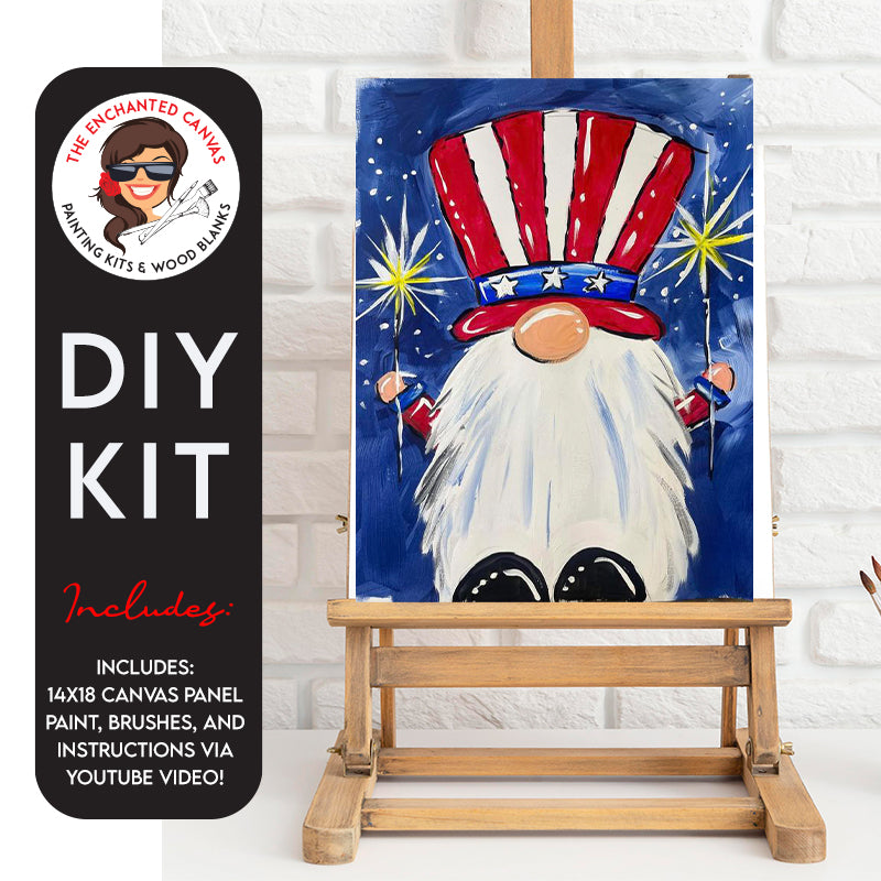 This fiesty lil gnome has a white beard with 4th of july top hat in red and white stripes with blue band. Band has white stars in it. Gnome is holding a yellow sparkler in each hand and has black boots on. the background is dark blue