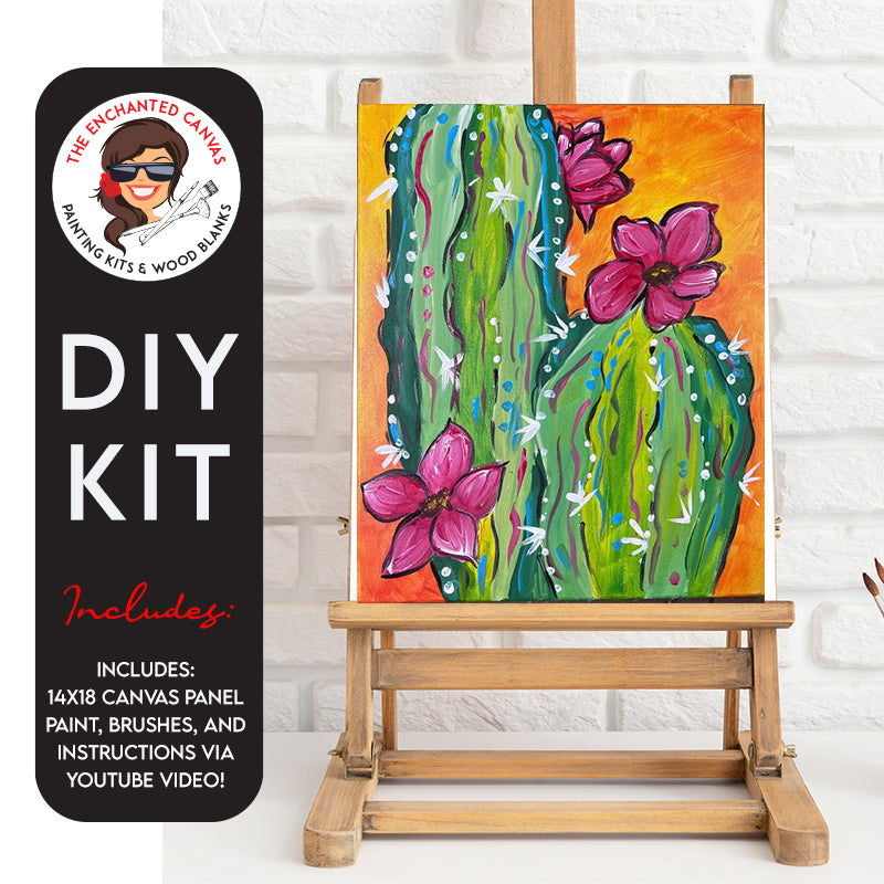 Colorful Cactus DIY Painting Kit. A vibrant orange hue background holds an amazingly vivid cactus in the foreground. The green cactus is adorned with whimsical lines and waves of different colors set against the green. Large pink flowers sit atop each cactus.