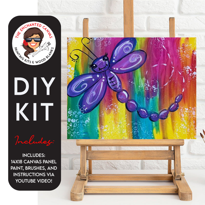 Purple happy flying dragonfly with white swishes all around. Rainbow colored background making this a fun and exciting painting!