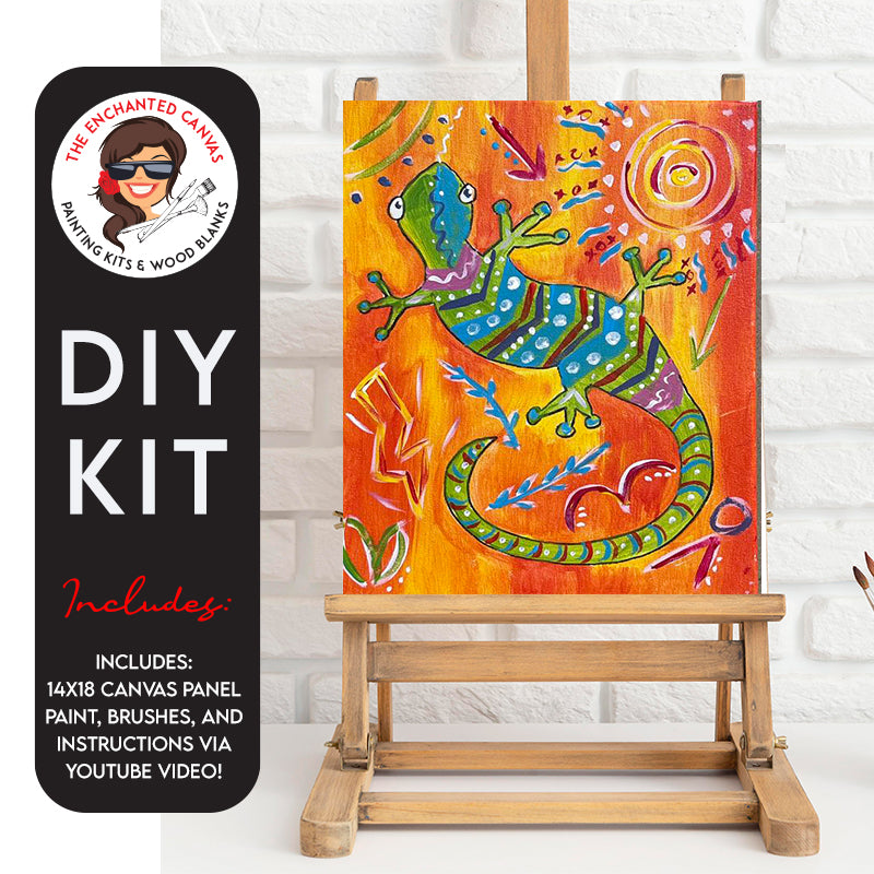 Colorful Lizard DIY Painting Kit features a vibrant orange hued background with various geometry shapes on it. A fun lizard is the star of the show and adorns various patterns and shapes in fun colors of blue, purple and green giving an overall aztec feel to this painting.