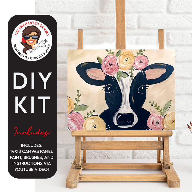 Cow with Flowers DIY Painting Kit. A cute black and white country cow with pink and yellow flowers on her sides and ehead