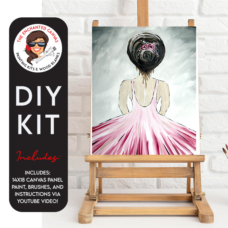 Ballerina DIY Painting Kit, capturing the graceful silhouette of a dark-haired ballerina in a radiant pink tutu against a moody, grey-toned background.  Picture the elegance of dance frozen in time as you recreate this stunning ballerina on your canvas. The soft hues and delicate lines convey both strength and poise, offering a visual symphony that celebrates the beauty of movement.