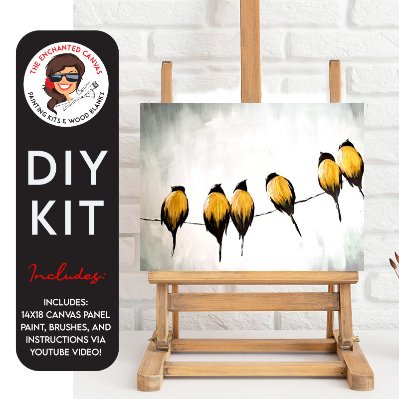 DIY Bird Painting Kit! featuring a white and grey brushed background and 6 black and yellow birds sitting on a wire.