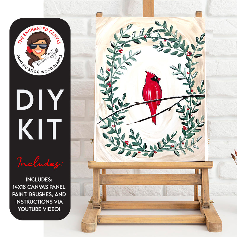 Unleash the beauty of nature with our Cardinal in a Wreath DIY Painting Kit! Imagine the iconic red majestic cardinal bird perched on a branch, surrounded by lush greenery, all set against a cozy tan and white background. It's a fan favorite that's sure to make your walls come alive!