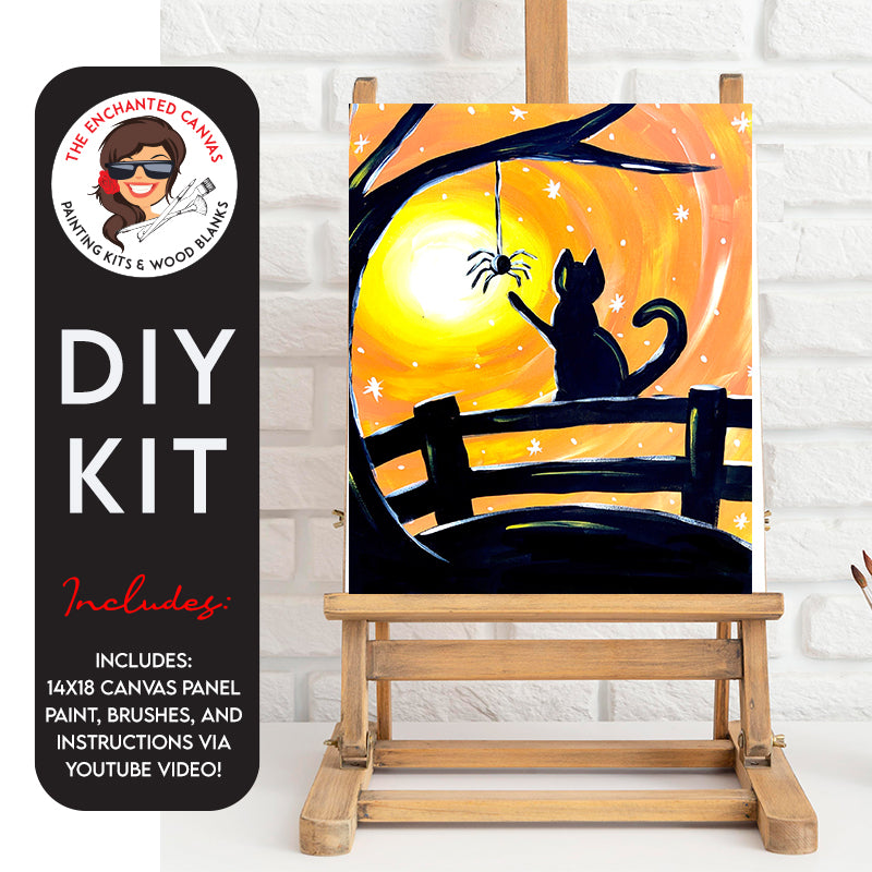 Enter the enchanting world of Halloween with our Cat with a Spider DIY Painting Kit. Picture a huge orange and yellow moon illuminating the spooky night sky, casting an eerie glow on the surroundings. In the foreground, the silhouette of a mysterious cat perches on a fence, surrounded by haunting tree branches, creating a perfect Halloween-themed masterpiece.