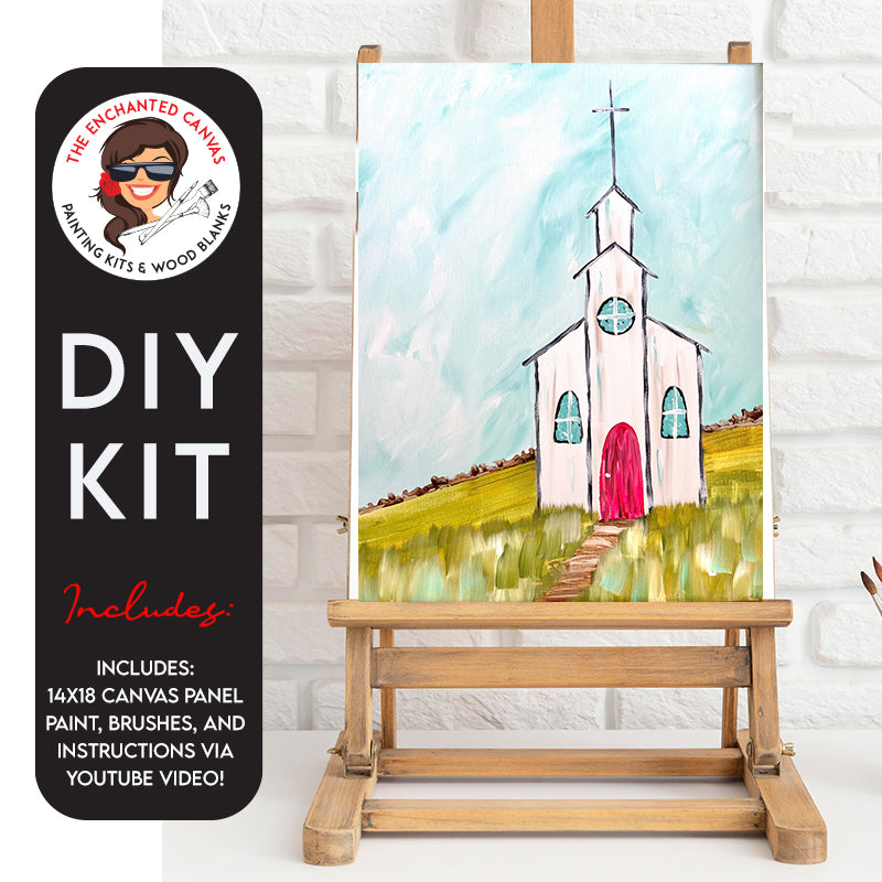 Step into the realm of artistic charm with our Chapel DIY Painting Kit! Picture a serene landscape with a vibrant green field beneath a vast blue sky, and nestled within, a quaint white chapel with a welcoming red door – just waiting for your creative touch to bring it to life.