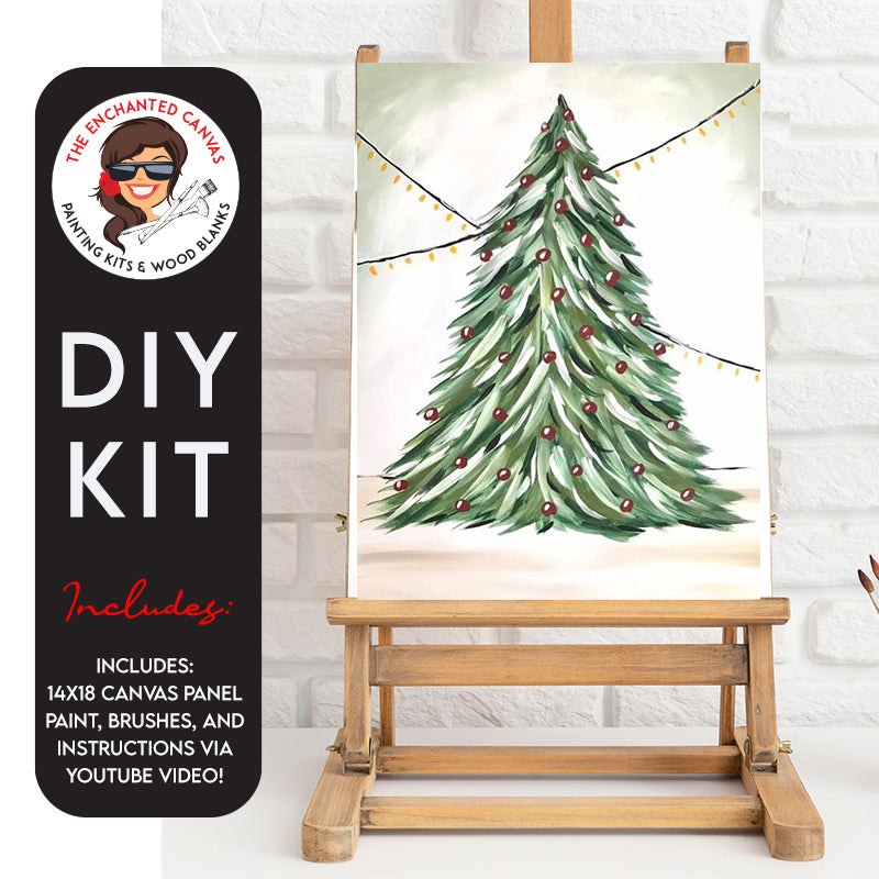 Imagine a Christmas tree that's not only festive but also whimsically delightful! Our Christmas Tree DIY Painting Kit brings this vision to life with a green tree adorned with radiant red lights, all against a warm tan brushed background with twinkling hanging lights.