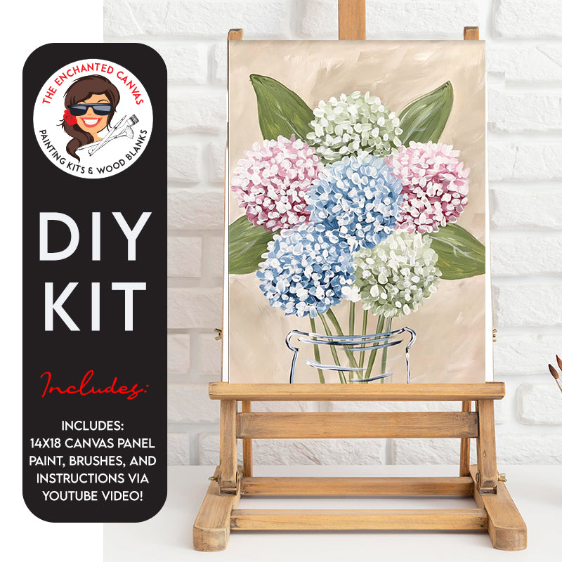 Dive into a world of vibrant blooms with our Hydrangeas in a Vase DIY Painting Kit! Imagine colorful hydrangeas in shades of green, blue, and pink, beautifully arranged in a vase on a soothing tan neutral background.