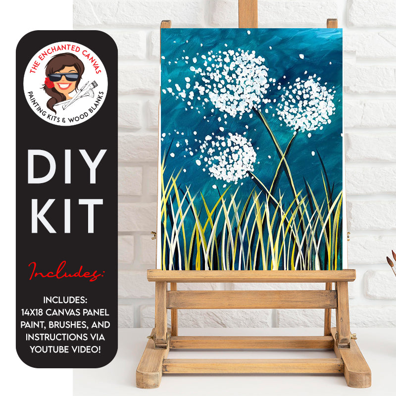 Ready for a whimsical journey with our Dandelion DIY Painting Kit? So fun, you'll feel like you can blow the pieces off the page! Picture this: 3 large dandelions dancing in the breeze against a dreamy blue night background.