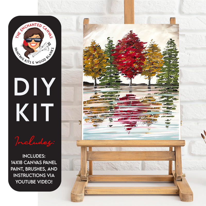Capture the vibrant beauty of autumn with our Fall Trees Over Water DIY Painting Kit. Picture a serene landscape with trees adorned in shades of yellow, green, and red, perfectly reflecting the essence of fall. The scene is set near a tranquil body of water, allowing you to witness the stunning reflection of the trees in the calm surface.