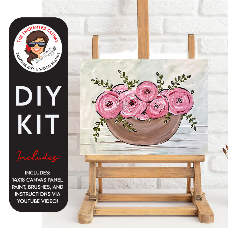 Flowers in a Bowl DIY Painting Kit. Pink whimsical flowers with greenery placed in a brown bowl with a tabletop sage green background