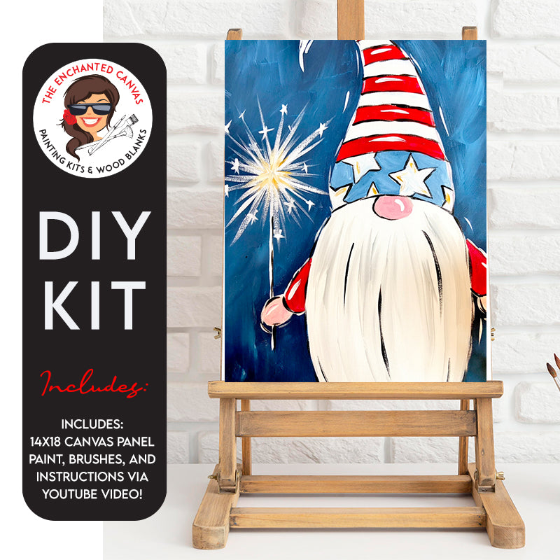 Celebrate the 4th of July with this cute lil gnome painting kit! This silly gnome is all dressed up in his red, white and blue best hat and holding a sparkler in his hand.