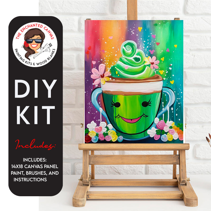 Embrace the cheerfulness of an Irish celebration with our Happy Irish Coffee DIY Painting Kit. This delightful kit features a happy cup of green coffee, topped off with a generous helping of green whip. The background is a vibrant rainbow adorned with hearts and flowers, creating an atmosphere of joy and festivity.