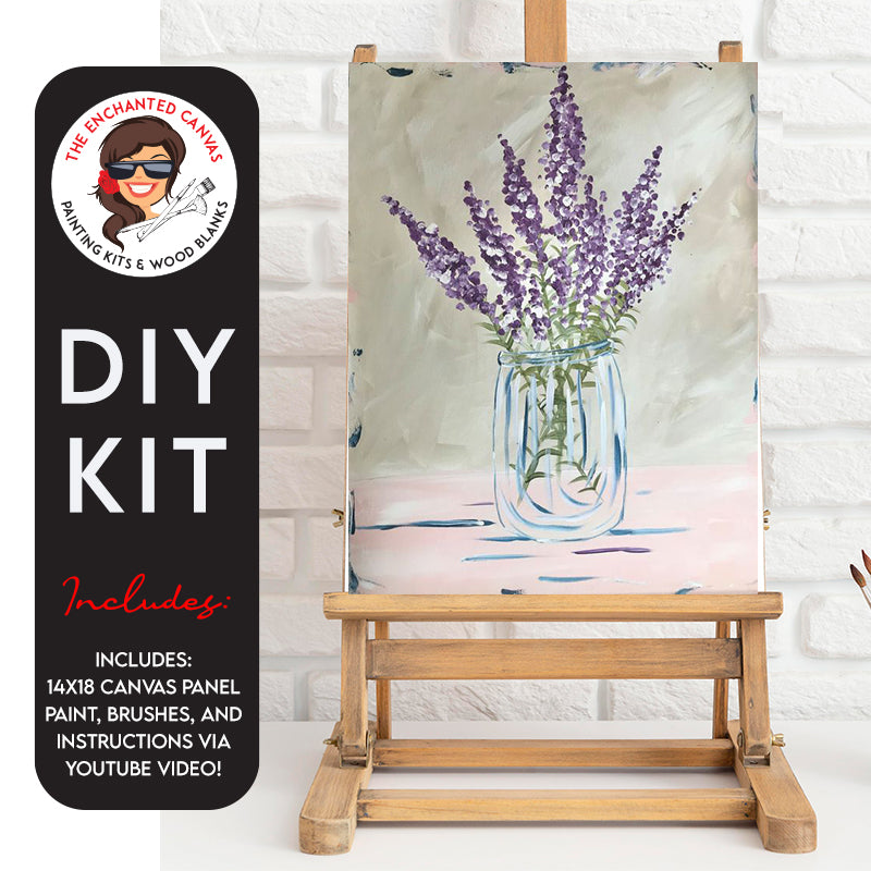 Elevate your space with the serene beauty of our Lavender in a Vase DIY Painting Kit! Picture this: beautiful purple lavender flowers gracefully arranged in a vase, set against a vibrant and multicolored background.