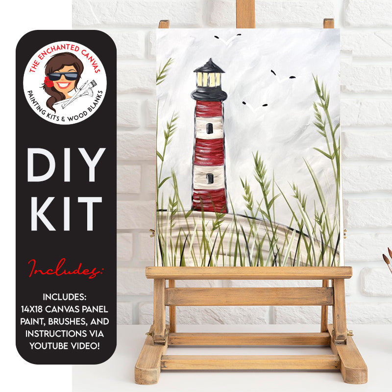 Picture yourself surrounded by the soothing sounds of waves crashing against the rocks as you bring this scenic red and white striped lighthouse to life. The majestic tower stands tall against the moody day sky, radiating a warm glow that guides ships through the night. Sitting atop a hill with grass you lookout onto the ocean. 