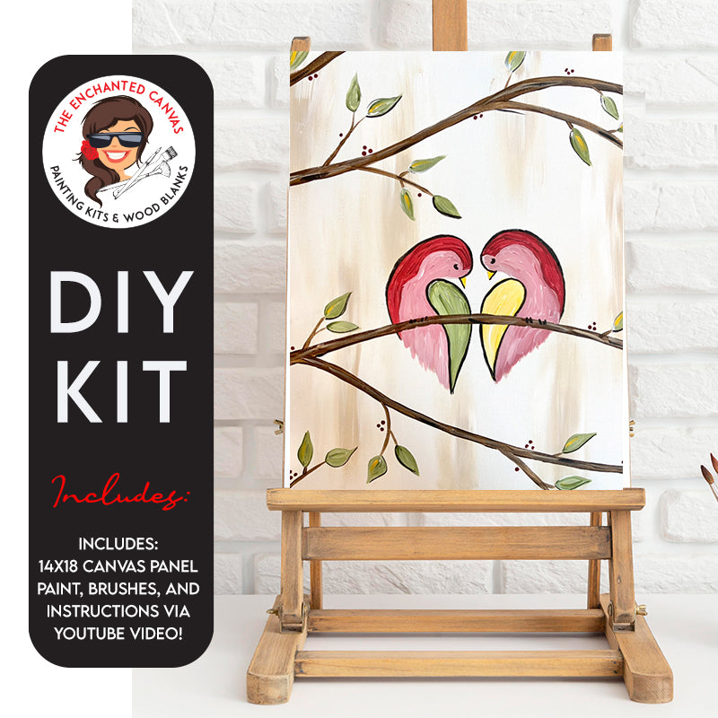 Create a masterpiece of love and color with the DIY Love Birds Painting Kit. Whether you're a bird enthusiast or simply an animal lover, these adorable love birds are bound to add a touch of sweetness to your walls. Against a soft brown brushstroke background, the vibrant hues of pink, magenta, yellow, and green come to life as the lovebirds perch gracefully among the tree branches.