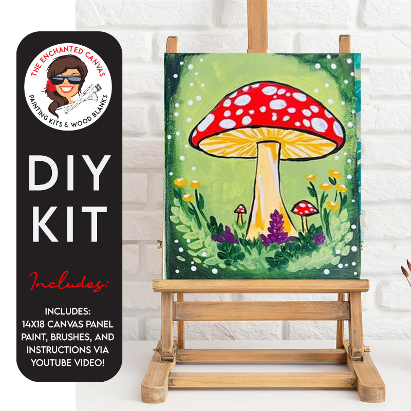 Embark on a whimsical journey into the magical world of fungi with our Mushroom Glow in the Dark DIY Painting Kit. This enchanting kit brings to life a cute and vibrant mushroom, complete with red and white polka dots, sitting atop a yellow base surrounded by mystical foliage.