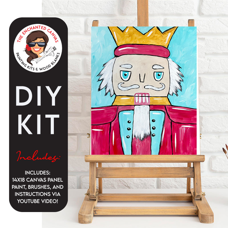 Embark on a festive journey with our Nutcracker DIY Painting Kit, featuring the iconic holiday figure adorned in regal splendor! Picture a Nutcracker donning a golden crown atop his head, dressed in a vibrant red and blue suit, set against a captivating blue background.