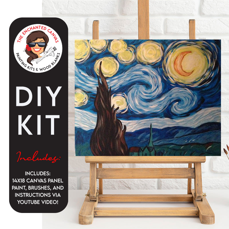 Starry ight Sky painting Kit. Features a wild brush stroke style like Van Goh. Swirling sky and lights overlook the countryside with quaint town nestled in.