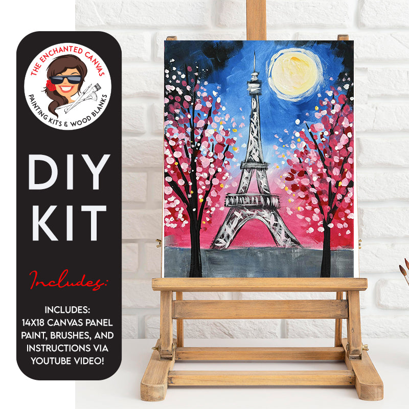 Transport yourself to the enchanting beauty of Paris in springtime with our Spring in Paris DIY Painting Kit. This captivating scene features a midnight sky as the backdrop, adorned with a large glowing moon that sets the stage for a truly magical ambiance. The iconic Eiffel Tower takes center stage, surrounded by charming pink-leaved trees that evoke the spirit of spring.