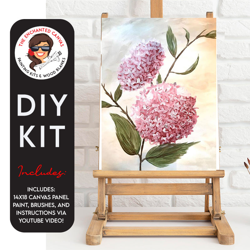 Immerse yourself in the beauty of blooms with our Pink Hydrangea DIY Painting Kit! Picture stunning pink hydrangeas, elegantly set against a neutral background, ready to grace your canvas.