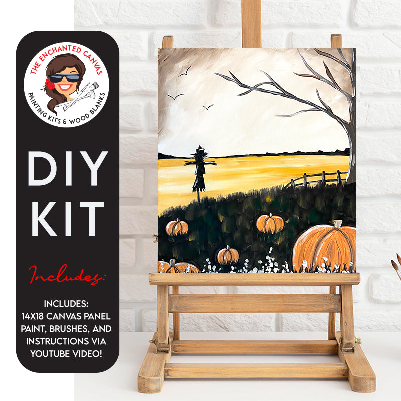 Step into the heart of autumn with our Scarecrow in a Field DIY Painting Kit, where a picturesque scene unfolds with a moody sky, pumpkins scattered in a rustic field, and a friendly scarecrow standing tall in the midst of nature's bounty.  Capture the essence of fall with this enchanting painting that combines the warmth of harvest hues and the rustic charm of a scarecrow surveying the landscape.