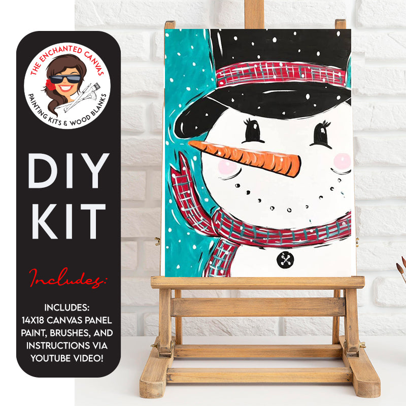 Get ready for a jolly good time with our Snowman Painting DIY Kit – featuring a fun lil snowman complete with a black top hat, a carrot nose, twinkling coal eyes, and a festive red plaid scarf. He's just waiting for your artistic touch to come to life!