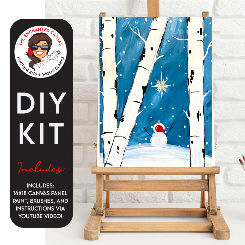 Bring the magic of winter to life with our DIY Snowman in the Woods Painting Kit! Get ready to fall in love with this happy snowman, surrounded by the winter stars and a gentle snowfall, set in the enchanting woods. This lil guy is loving life, and he's here to bring joy to everyone who lays eyes on him.