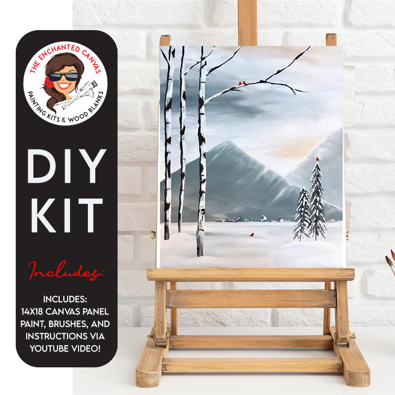 Capture the serene beauty of winter with our Snowy Mountain DIY Painting Kit. The moody grey sky sets the stage for a scenic masterpiece, featuring majestic mountains in the foreground and birch trees adding a touch of natural elegance to the landsca