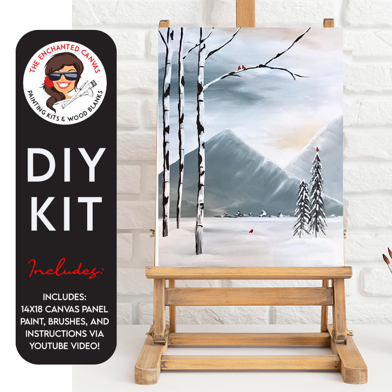 Embark on a creative adventure with our DIY Snowy Mountains Painting Kit – a captivating scene where birch trees nestle into a snow-filled landscape, with a majestic mountain ridge gracing the background.