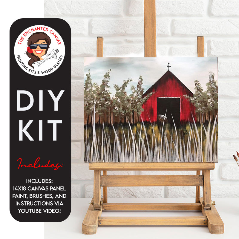 a charming red barn nestled in the serene woods, with grass swaying in the gentle breeze. It's a picturesque scene that's ready to come to life on your canvas.