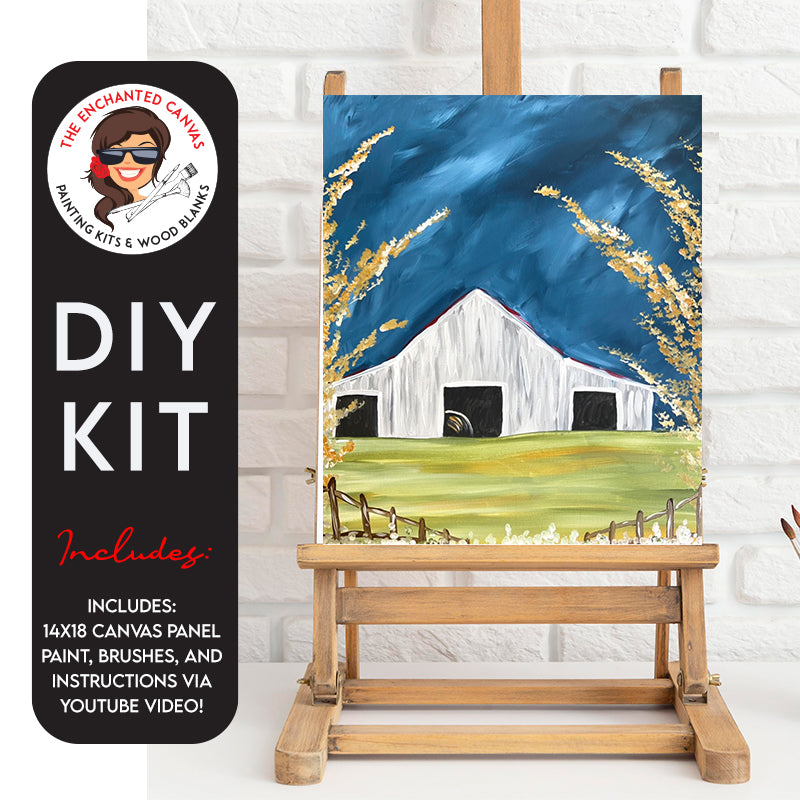 Get ready to embrace the moody beauty of the countryside with our Stormy Barn DIY Painting Kit. This picturesque scene features a rustic white barn standing tall against a stormy blue sky, creating a captivating and dramatic atmosphere. The green field and fence in the foreground, along with the wheat grass embellishing the sides of the canvas, add rustic charm to this pastoral setting.
