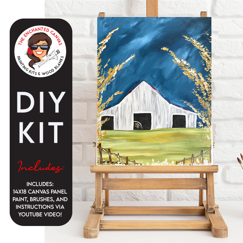 Unleash the stormy beauty with our Stormy Barn DIY Painting Kit – a moody little masterpiece that you'll absolutely adore! Imagine a rustic white barn standing against dark blue skies, with grass framing the edges, creating a scene that captivates with its atmospheric charm.