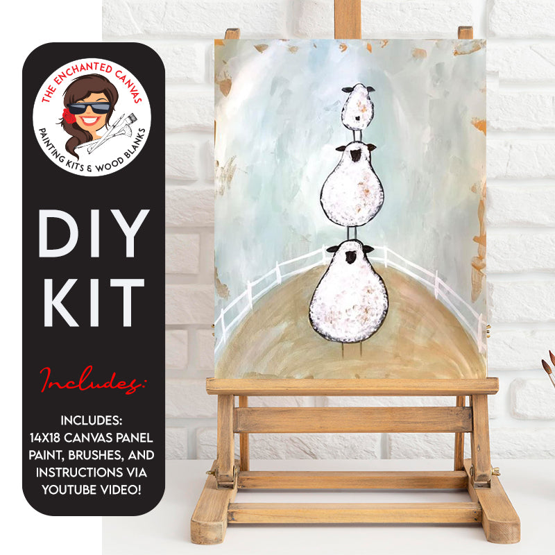 Get ready for a dose of cuteness with our Stacked Sheep DIY Painting Kit! Picture three adorable white sheep stacked on top of each other, surrounded by a charming white picket fence. This whimsical painting will have you smiling from ear to ear.