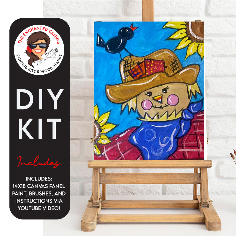 This delightful scarecrow is decked out in a plaid red shirt, and a blue handkerchief adds a pop of color around his neck. Topping off his look is a classic straw hat, giving him that timeless and welcoming appearance. Perched on his shoulder is a black crow, adding a touch of whimsy and friendship to the scene.
