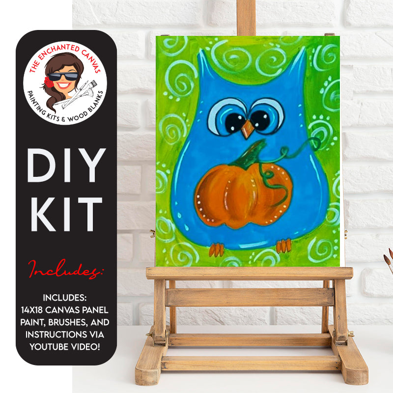 The star of the show is a cute blue owl, adding a touch of whimsy to your canvas. The owl is not just an ordinary feathered friend—it's holding a vibrant orange pumpkin, celebrating the fall harvest in style. The blue owl's expressive eyes and charming details, like fun dots, create a unique and delightful effect that will make your painting truly special.