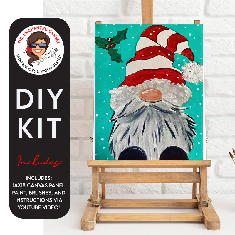 Christmas gnome with white beard, shiny nose and black boots. might be santa himself! Set on a teal background with white dots and holly berries