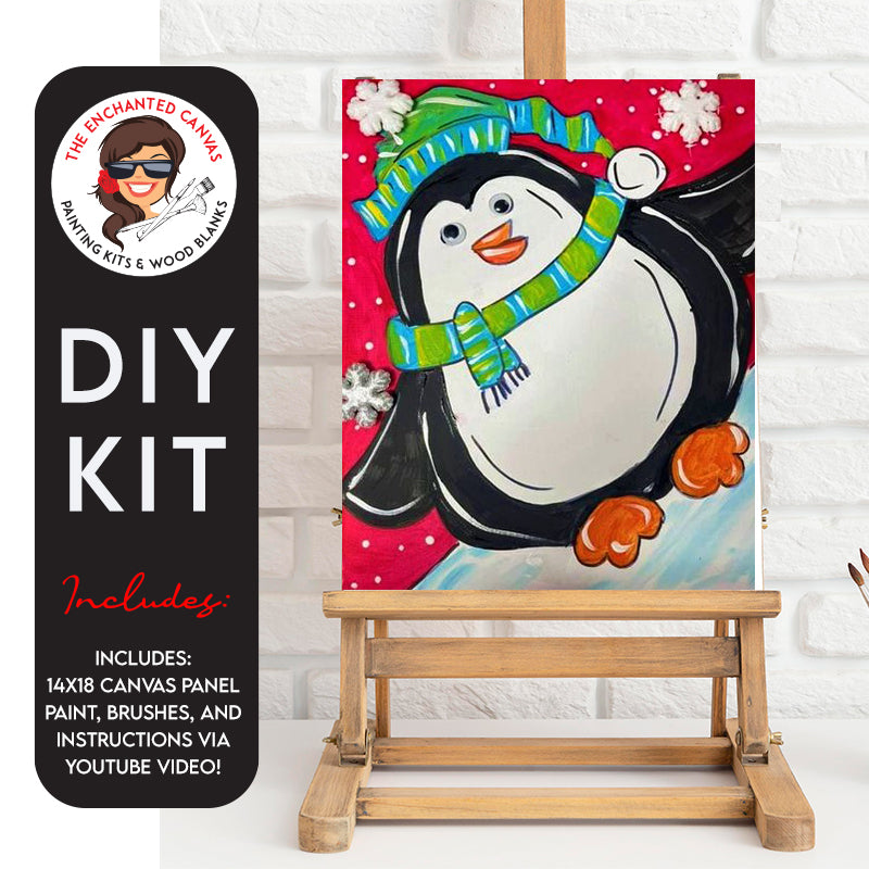 Get ready to celebrate the season with our adorable Holiday Penguin DIY Painting Kit! This cheerful penguin is ready to spread joy and happiness as it slides down a snowy-covered hill against a vibrant red background.  Dressed in a festive green scarf and hat adorned with blue and white stripes, the penguin exudes holiday spirit. The scene is complemented by falling snowflakes, creating a winter wonderland atmosphere that captures the magic of the holidays.