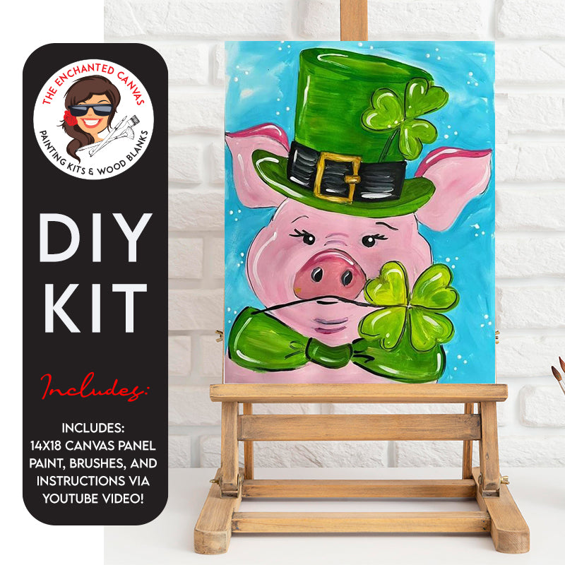 Paddy O'Pig is set against a blue and white swish background. The pig is pink in color and in its mouth holds a green 4 leaf clover. Ontop the pink pigs head is a green tophat with black band and shamrock coming out of the band. Lastly is a green bow around the pigs neck.