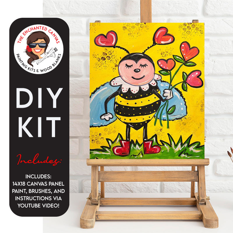 Valentine Love Bee stands front and center on a patch of green grass and yellow honeycomb background. This smiling bee wears red boots and a fancy neck collar of white with polka dots.  The Love bee is holding bundles of love flowers in a red color with green stems