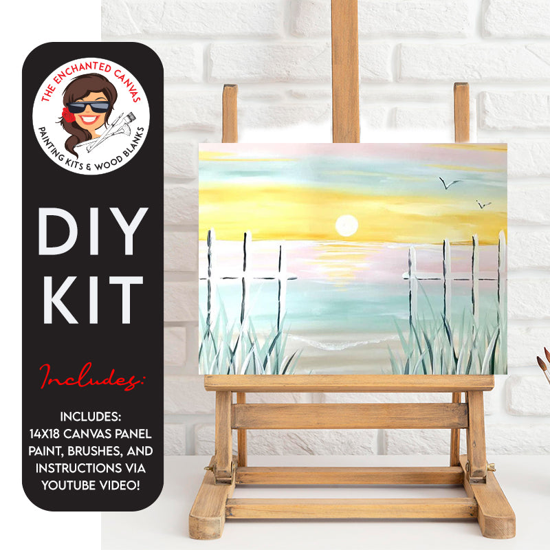 Dive into the serene beauty of our DIY Ocean Sunset Painting Kit – an opportunity to adorn your walls with the mesmerizing colors of the ocean. Picture this: pastels of yellow, pink, tan, and blue grace a scenic painting of the ocean and beach, while birds soar overhead, creating a masterpiece that exudes tranquility.