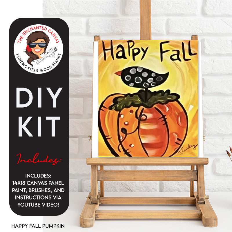 Perfect Pumpkin Canvas Painting Kit with a fun ombre yellow and orange background, whimsical pumpkin with a crow sitting on top with polka dots.