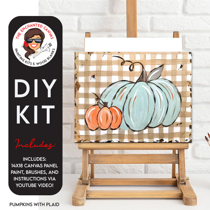 Tan Plaid Pumpkin Painting Kit! Picture this: a lively canvas featuring two pumpkins—one in a charming robin's egg blue and the other in a vibrant orange. Against a trendy tan plaid background, these colors pair up perfectly, creating a uniquely stunning painting