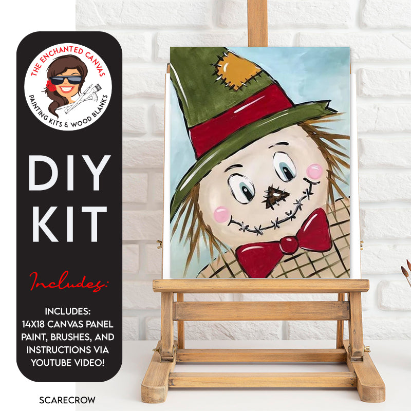 Meet your new painting buddy – a cute lil scarecrow just waiting to come to life with your vibrant creativity! This adorable fella sports green, tan, red, and yellow hues on his stitched-up clothing, promising a palette of fun and joy.